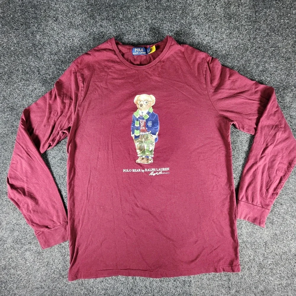 Polo Ralph Lauren‎ Men's Preppy Polo Bear Shirt Size L Maroon Ivy League